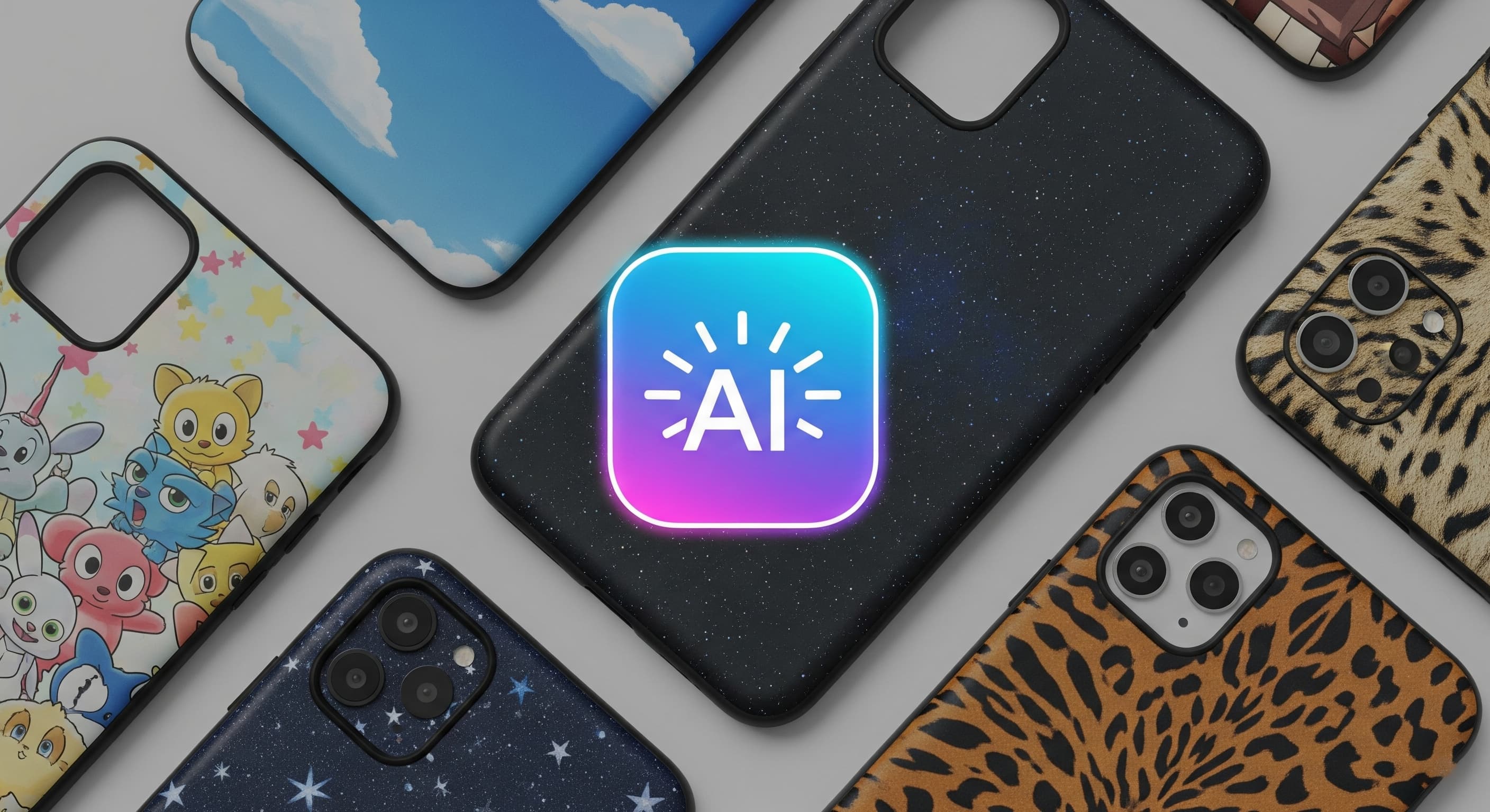 AI ikonlu kılıf mockup'ları – farklı stillerle örnekler