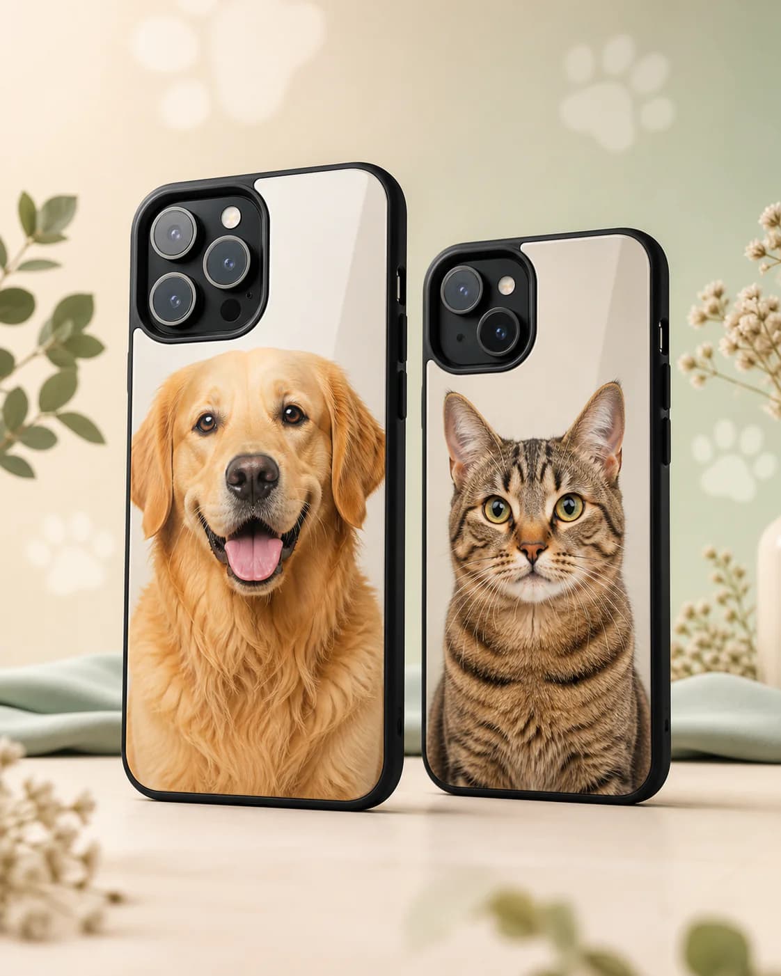 Köpek ve kedi fotoğrafıyla tasarlanmış iki kişiye özel telefon kılıfı