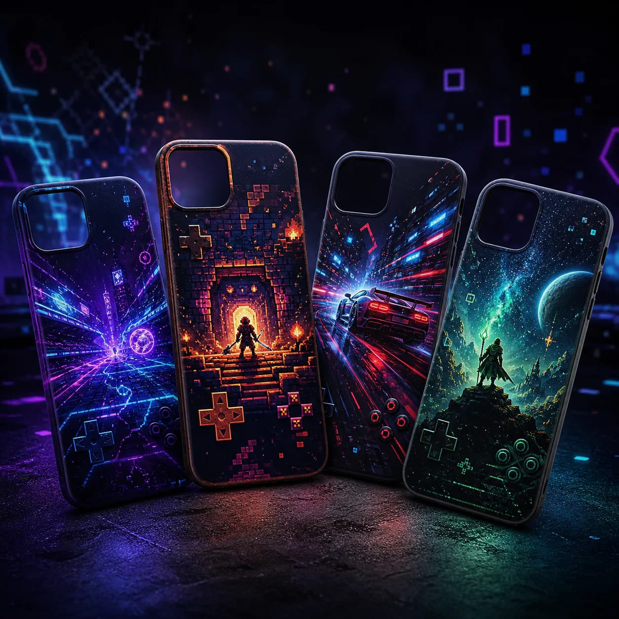 Dört farklı oyun dünyasından ilham alan gamer telefon kılıfları